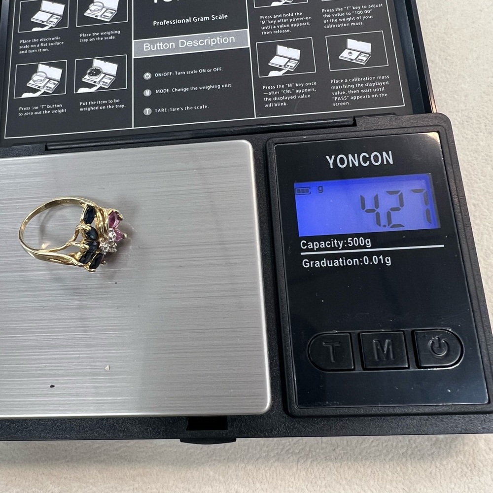 14K Yellow Gold, Pink and Blue Sapphires and Diamonds Ring 4.2g - Picture 14 of 14